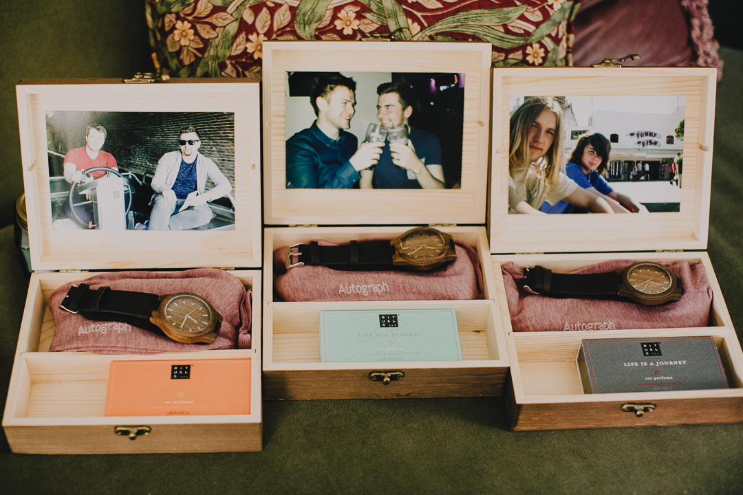 groomsmen presents from groom. Beautiful wooden box with watch, photo and perfume in it