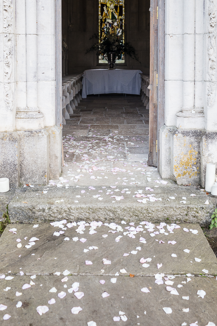 rose petals lying on the ground after the wedding ceremony is over
